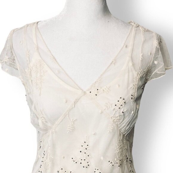 NWOT Jessica Simpson XS Cream Lace Beaded V Neck Sheer Blouse Sheer w/Camisole - Picture 2 of 11